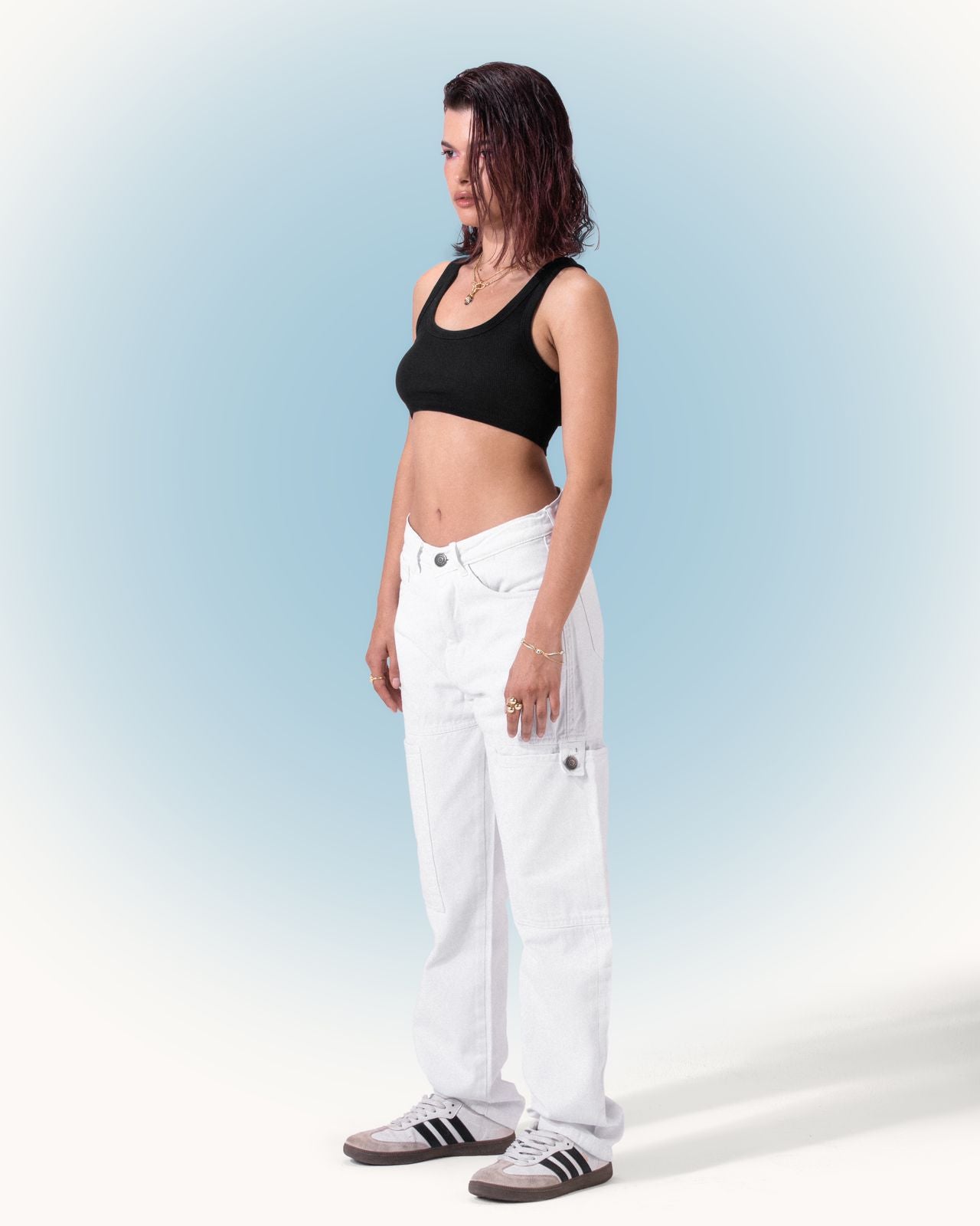 Denim Cargo-Straight Cut Jeans - White