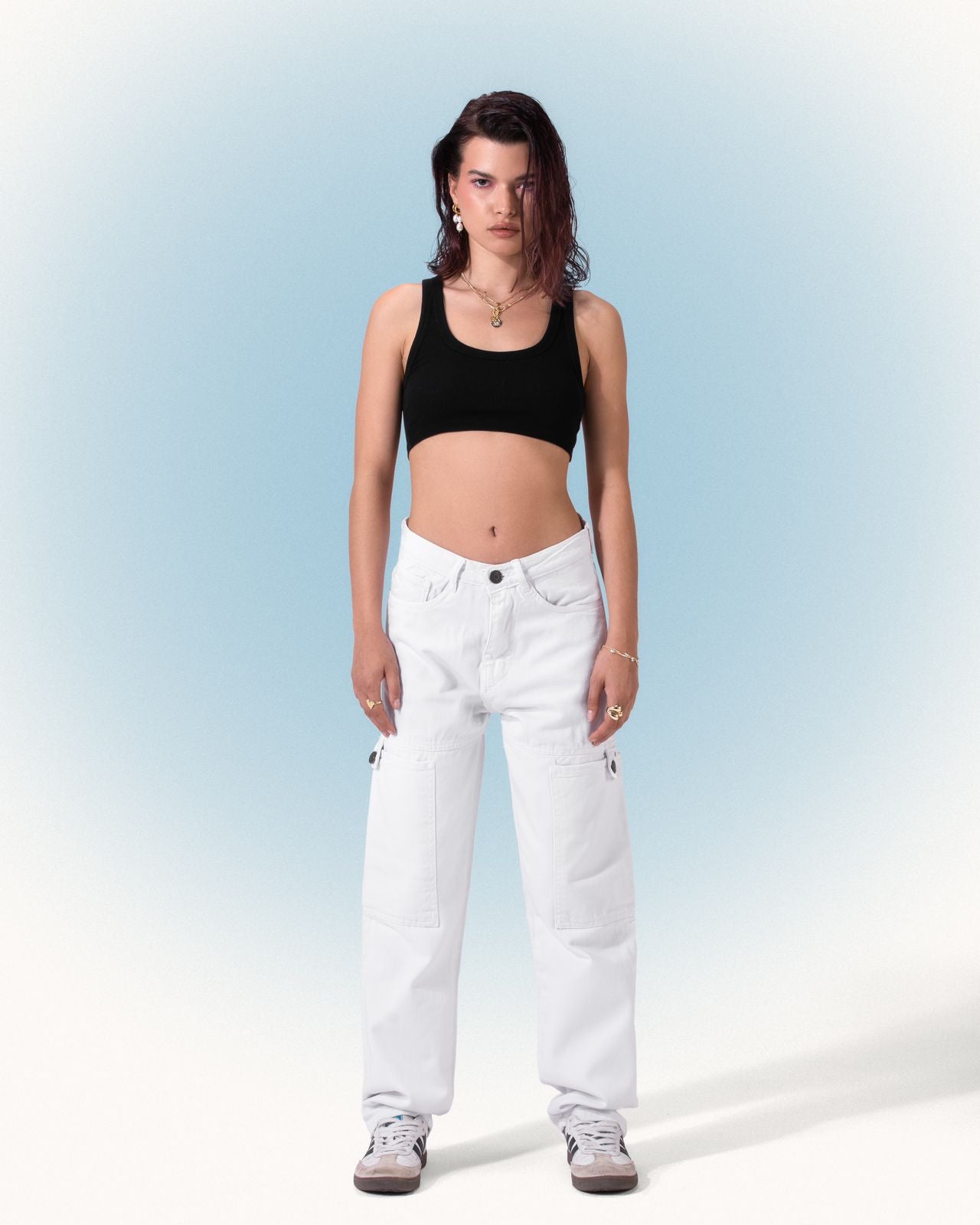 Denim Cargo-Straight Cut Jeans - White