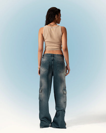 Denim Cargo Straight Cut Jeans - Dark Blue