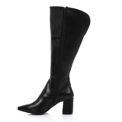 Faux Leather Pointed-Toe Block Heel Mid-Calf Boots – Black
