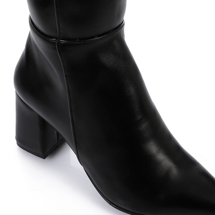 Faux Leather Pointed-Toe Block Heel Mid-Calf Boots – Black