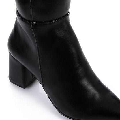 Faux Leather Pointed-Toe Block Heel Mid-Calf Boots – Black