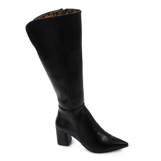 Faux Leather Pointed-Toe Block Heel Mid-Calf Boots – Black