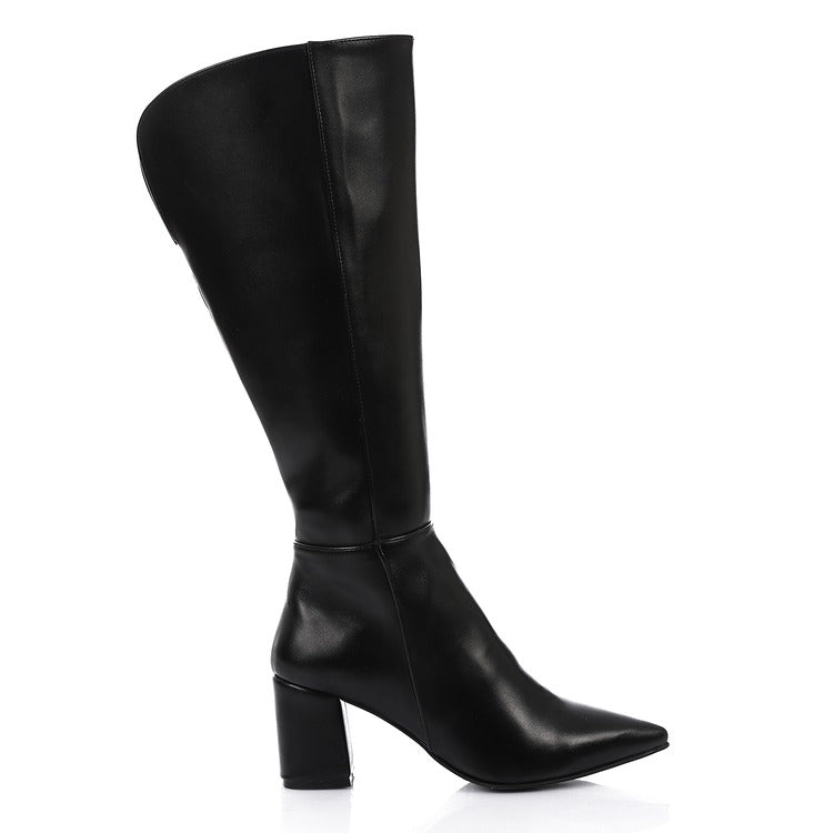 Faux Leather Pointed-Toe Block Heel Mid-Calf Boots – Black