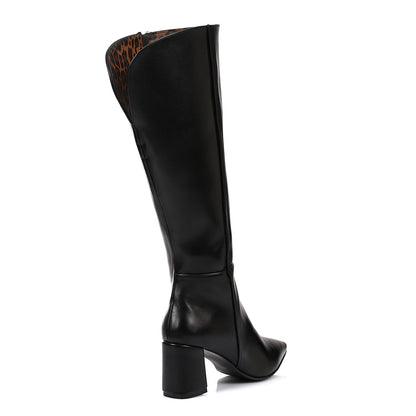 Faux Leather Pointed-Toe Block Heel Mid-Calf Boots – Black