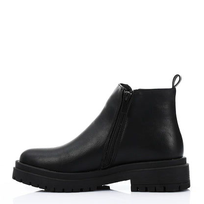 Leather Solid Ankle Boots - Black