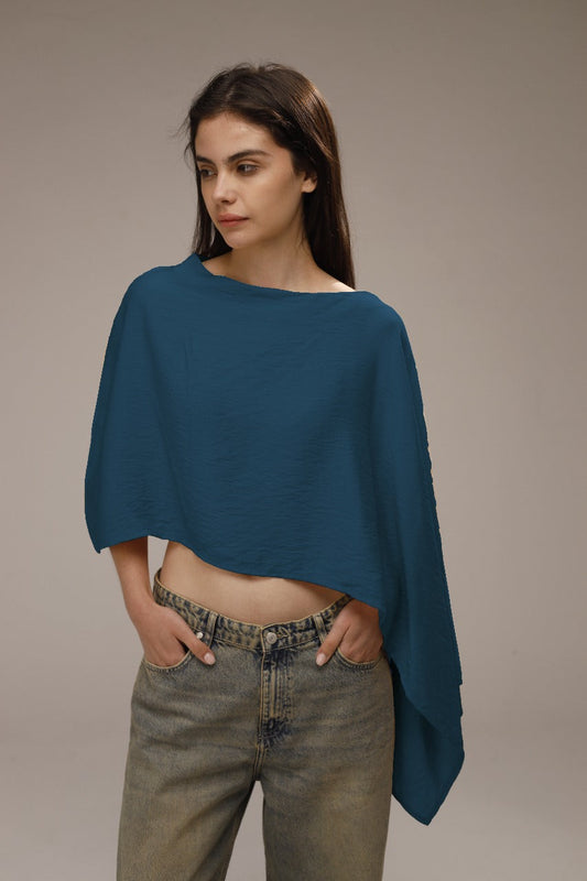 Linen Asymmetric Cropped Poncho - French Blue