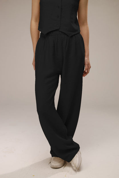 Linen Button-Front Vest & Wide-Leg Pants Set - Black