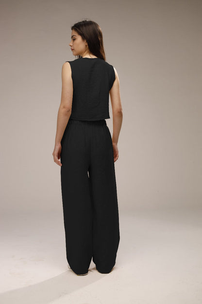Linen Button-Front Vest & Wide-Leg Pants Set - Black