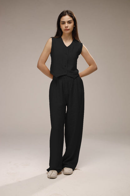 Linen Button-Front Vest & Wide-Leg Pants Set - Black