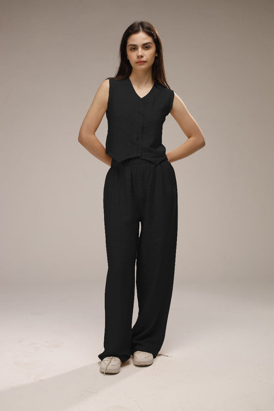 Linen Button-Front Vest & Wide-Leg Pants Set - Black