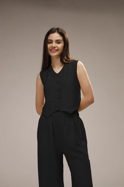 Linen Button-Front Vest & Wide-Leg Pants Set - Black