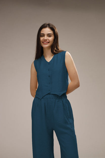 Linen Button-Front Vest & Wide-Leg Pants Set - French Blue