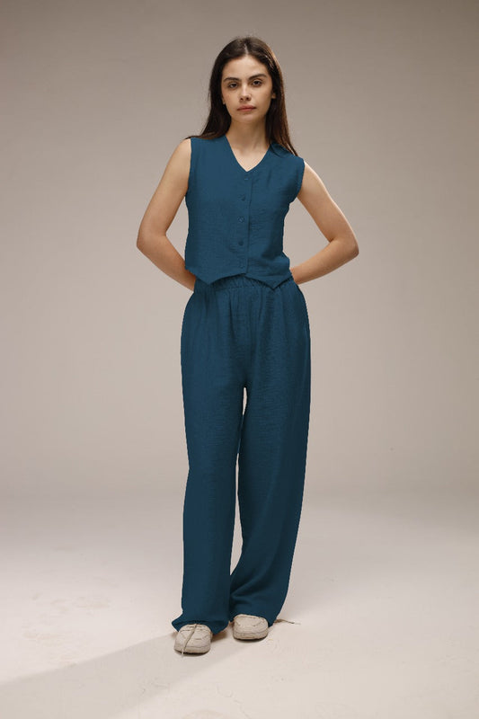 Linen Button-Front Vest & Wide-Leg Pants Set - French Blue