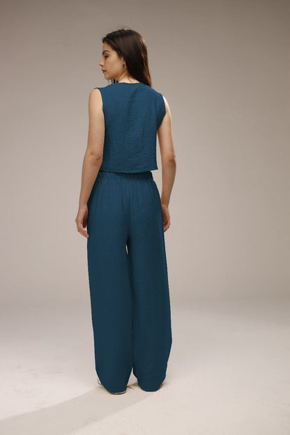 Linen Button-Front Vest & Wide-Leg Pants Set - French Blue