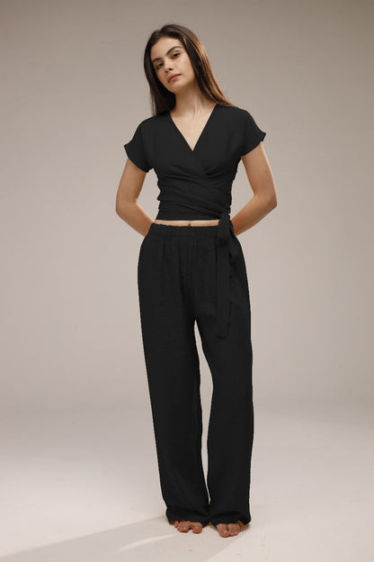 Linen Wrap Front Top - Black