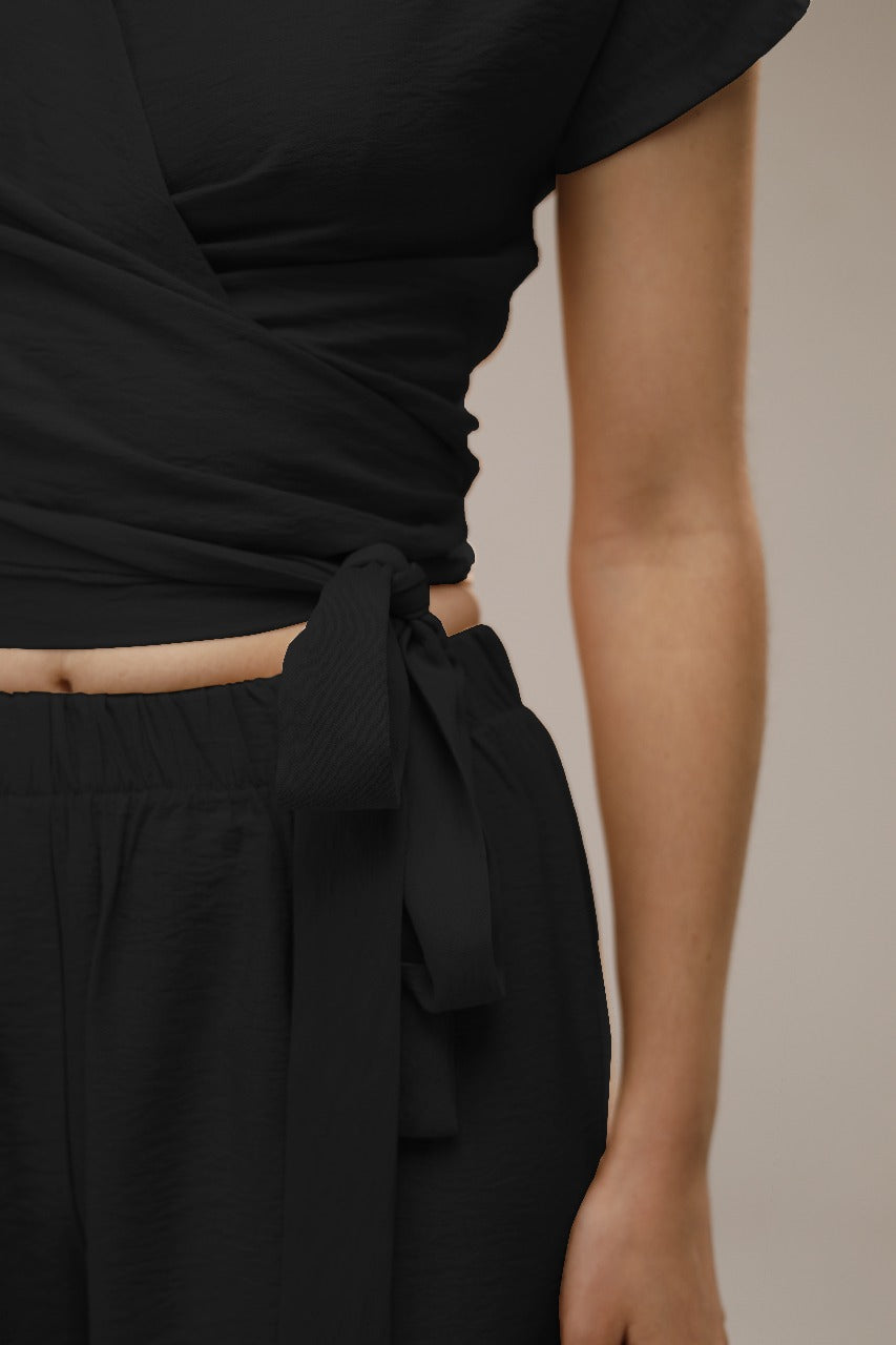 Linen Wrap Front Top - Black