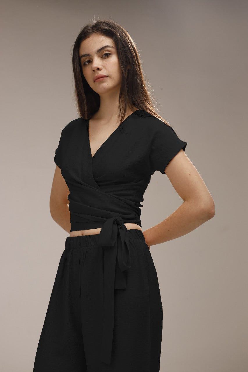 Linen Wrap Front Top - Black