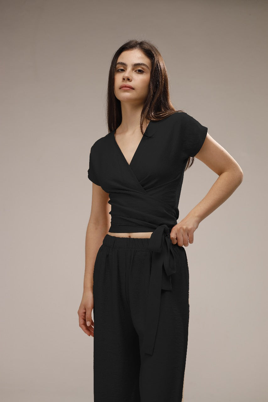Linen Wrap Front Top - Black