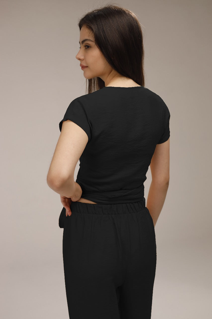 Linen Wrap Front Top - Black