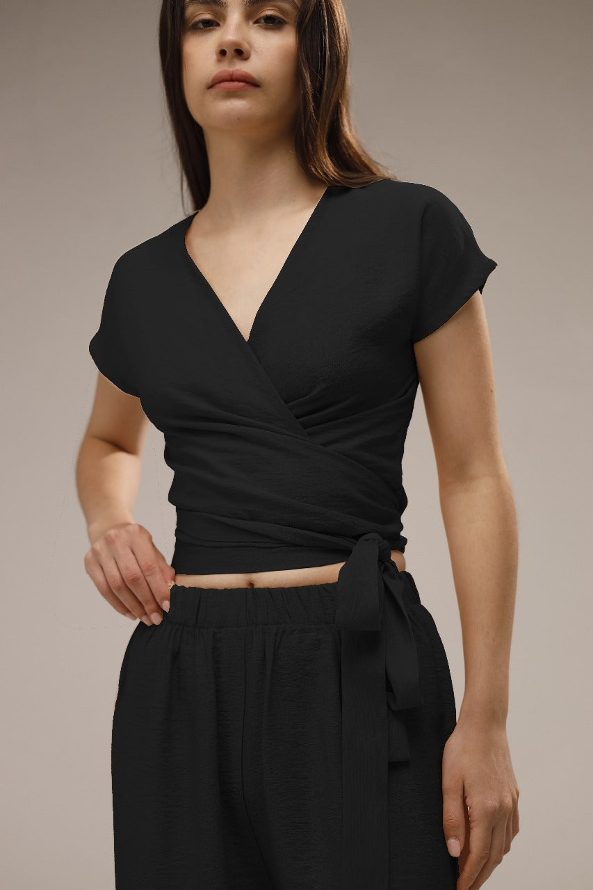 Linen Wrap Front Top - Black