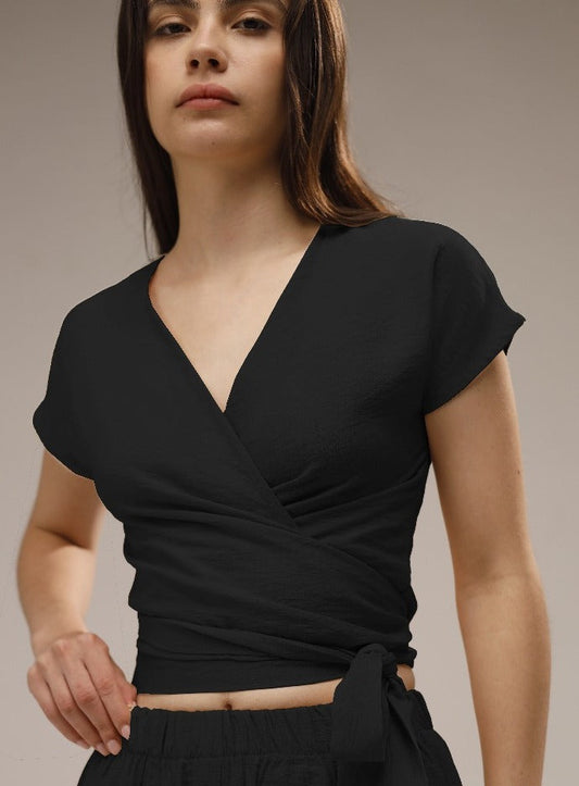 Linen Wrap Front Top - Black