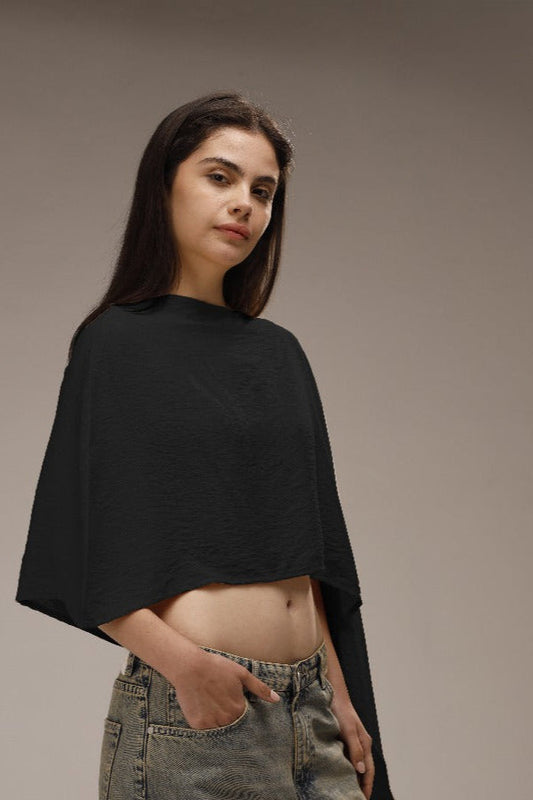 Linen Asymmetric Cropped Poncho - Black
