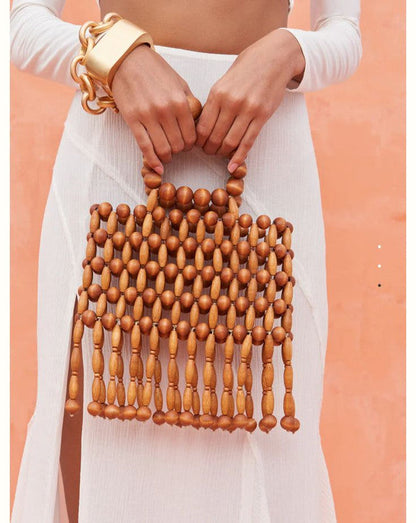 Wooden Beaded Hand Bag – Brown