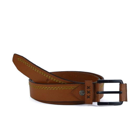 Leather Contrast-Stitch Belt - Brown