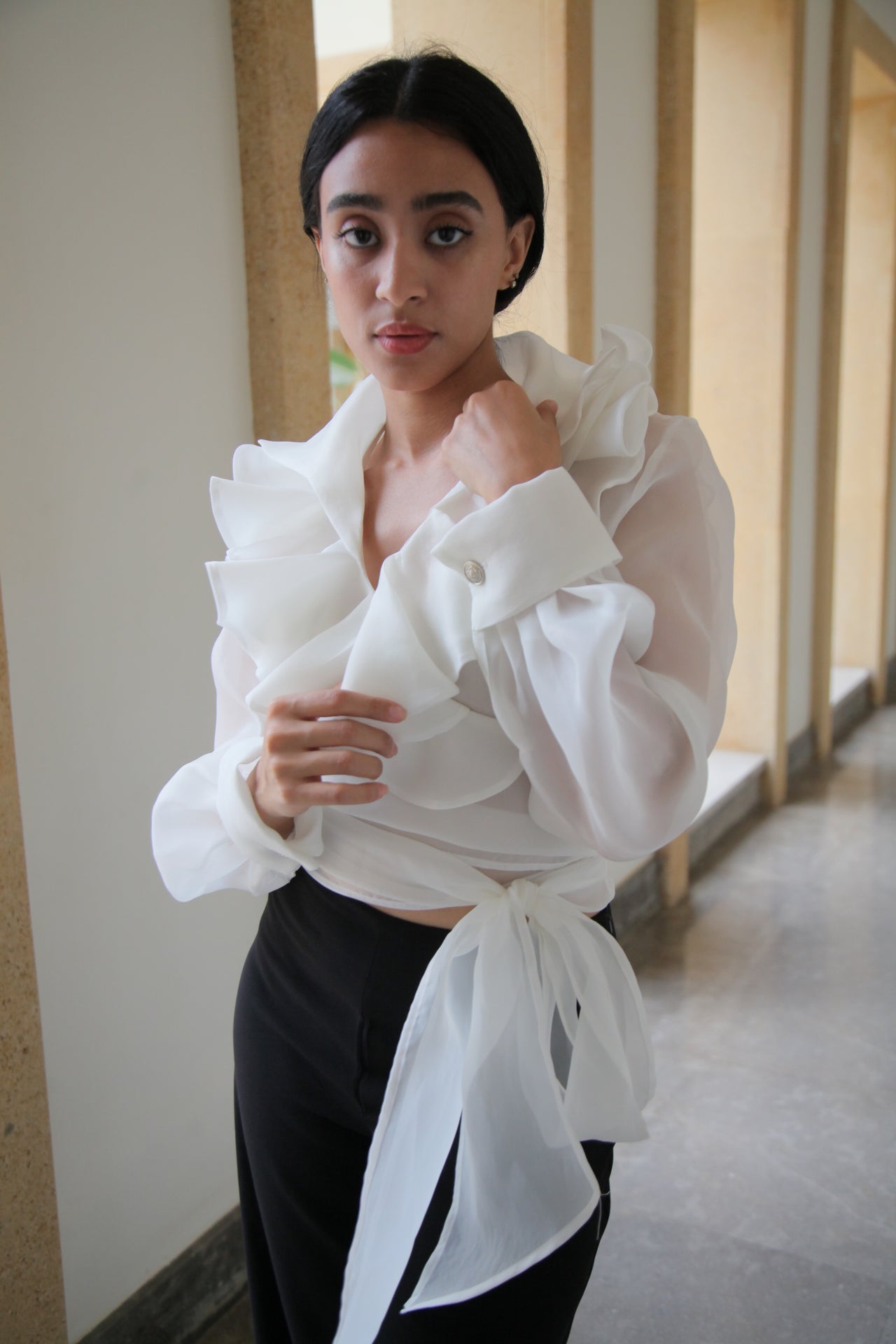 Organza Ruffled Wrap Blouse – White