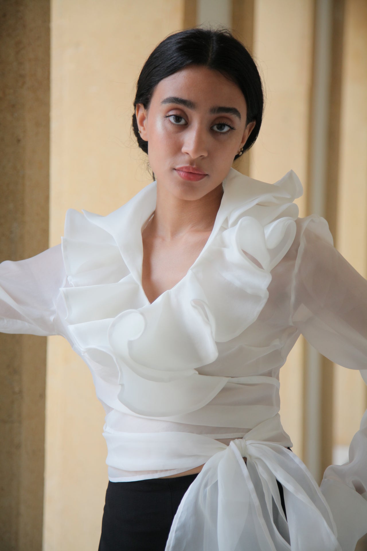 Organza Ruffled Wrap Blouse – White