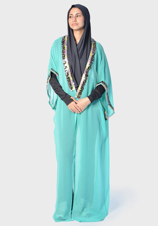 Chiffon Embellished Kaftan Abaya – Turquoise