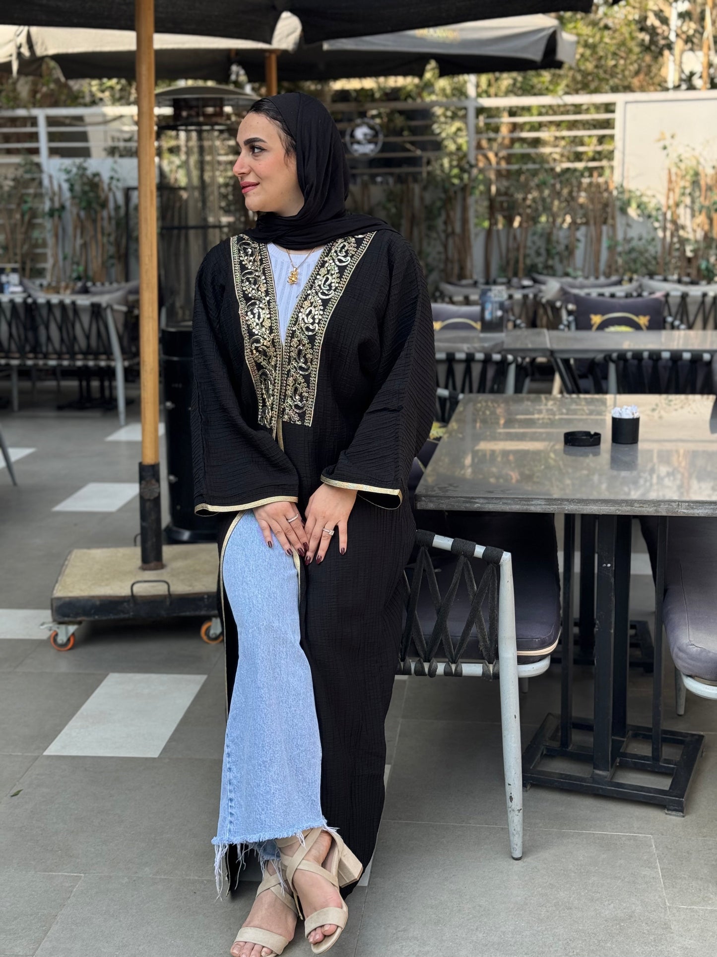 Linen Solid Kaftan – Black