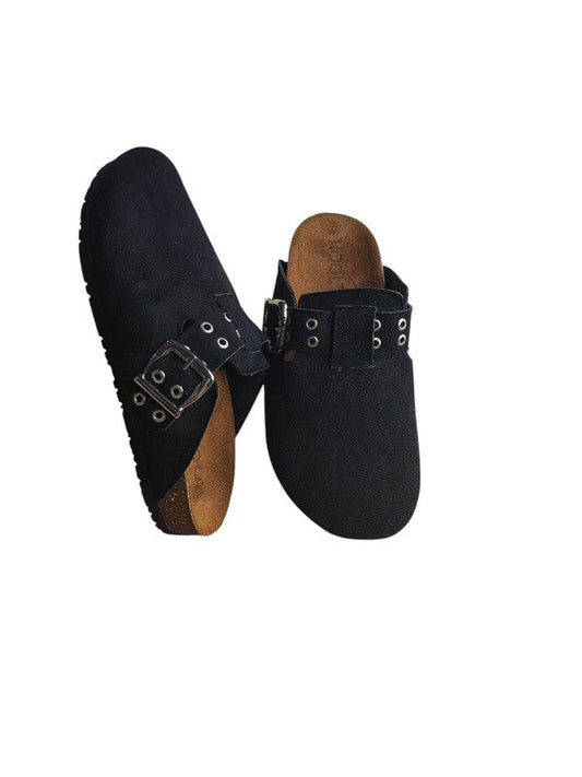 Chamois Leather Buckle Clog Mules – Black