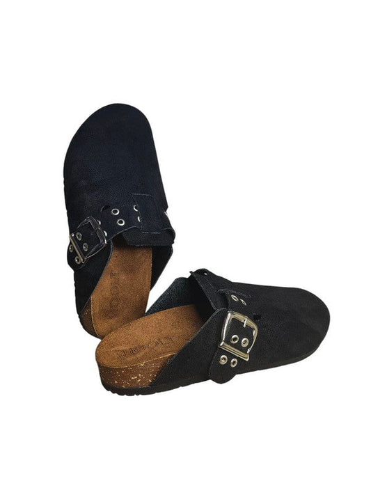Chamois Leather Buckle Clog Mules – Black