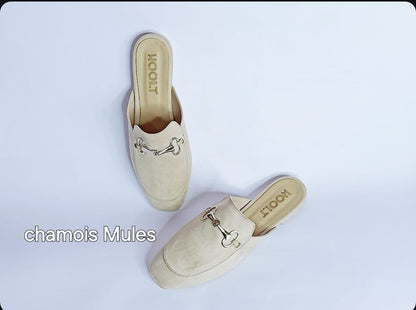 Velvet Fabric Chamois Mules - Beige