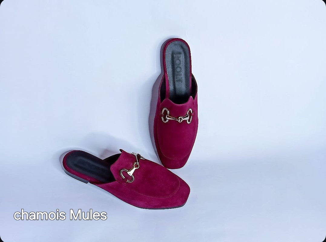 Velvet Fabric Chamois Mules - Burgundy