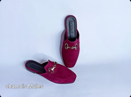 Velvet Fabric Chamois Mules - Burgundy