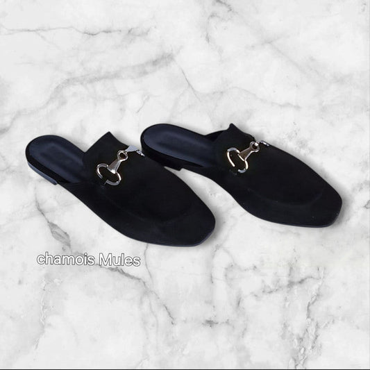 Velvet Fabric Chamois Mules - Black