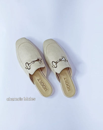 Velvet Fabric Chamois Mules - Beige