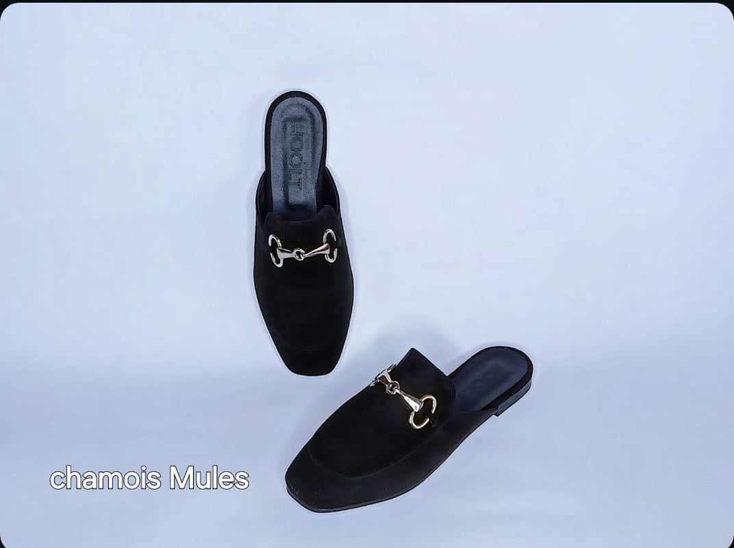 Velvet Fabric Chamois Mules - Black