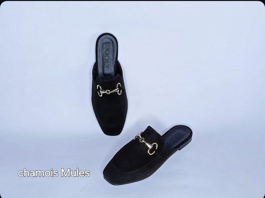 Velvet Fabric Chamois Mules - Black