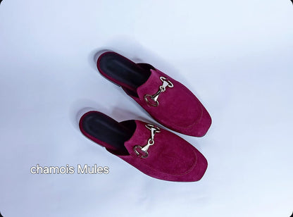 Velvet Fabric Chamois Mules - Burgundy