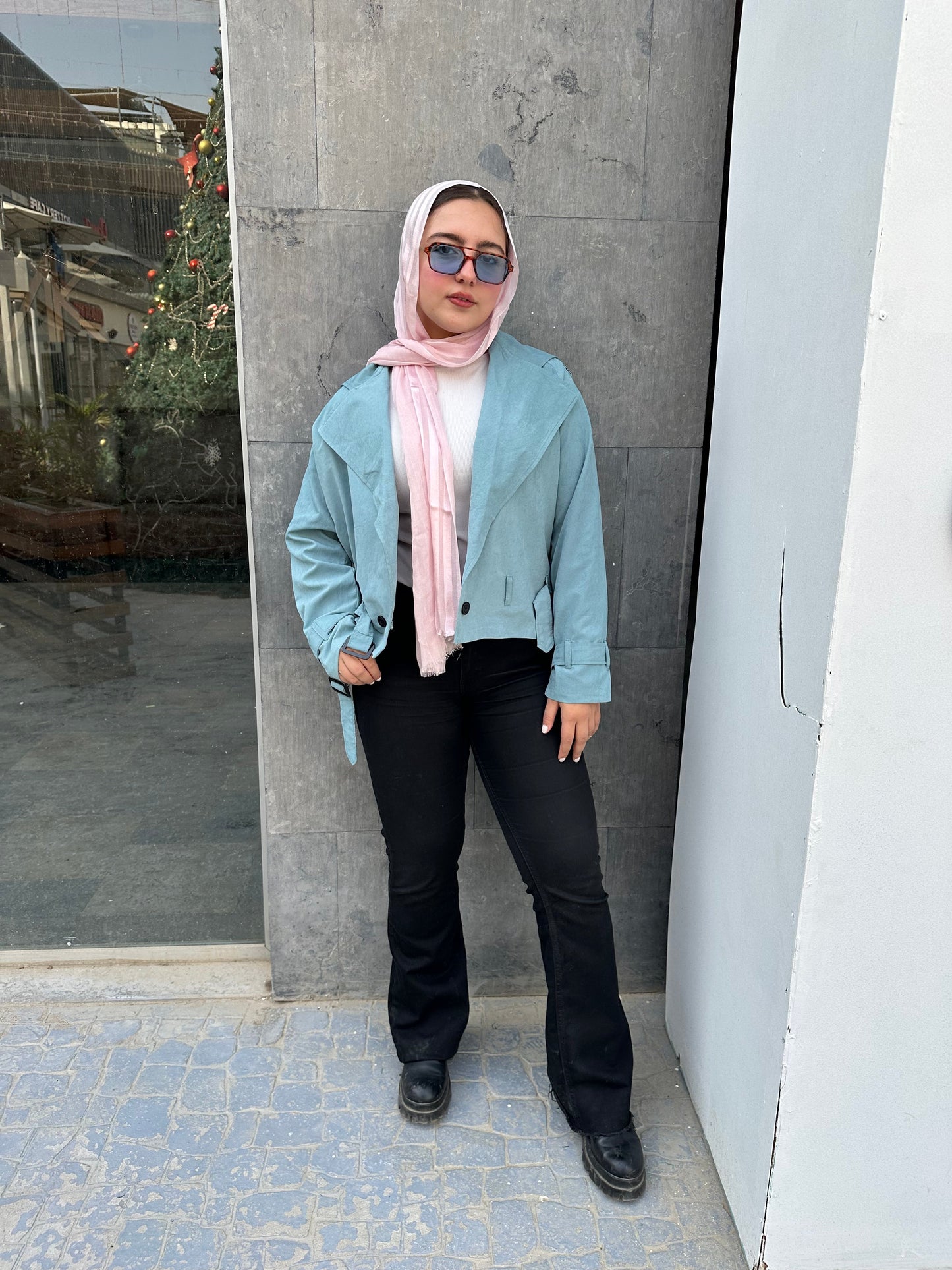 Cropped Trench Coat-Dark Aqua