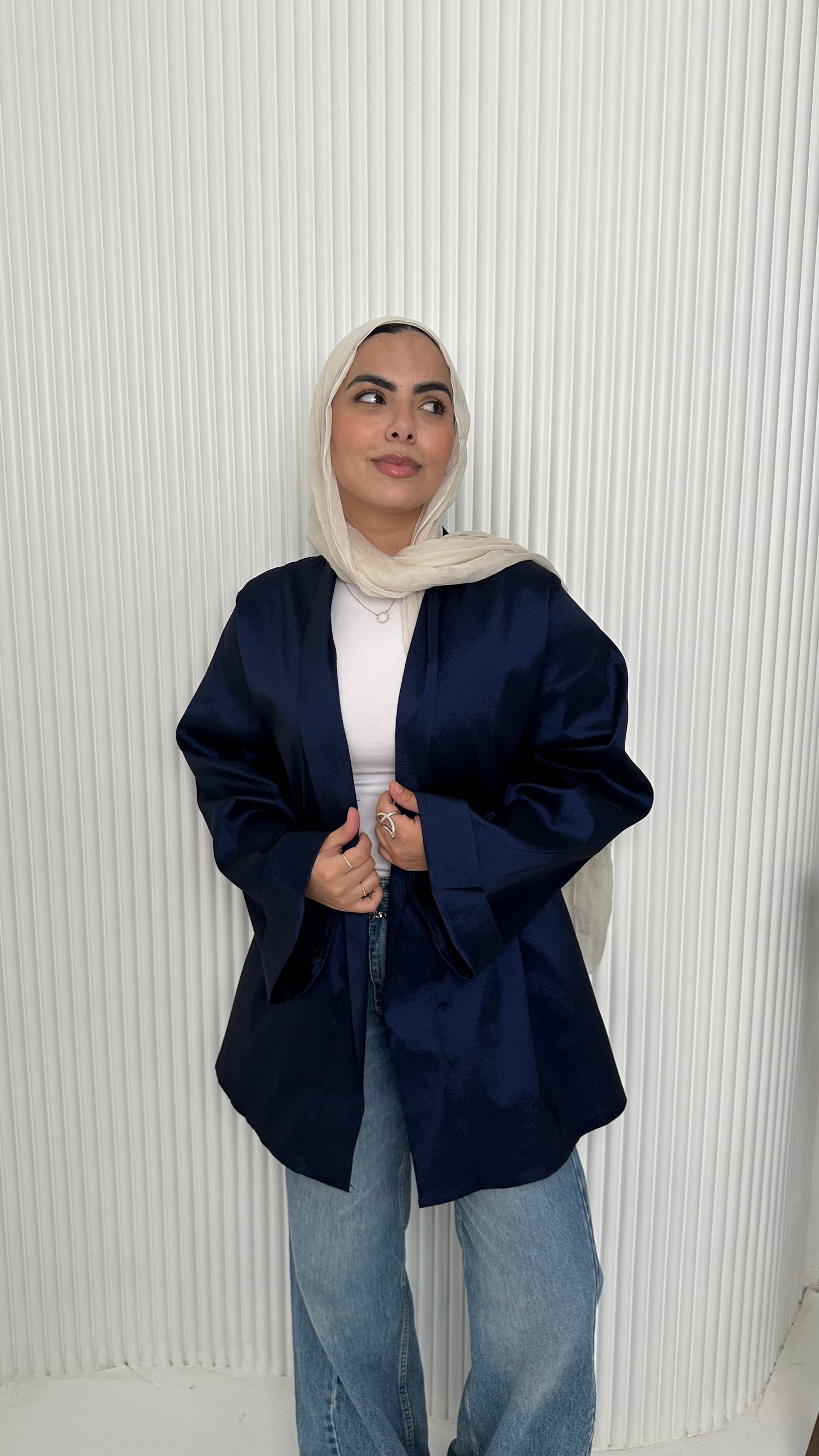 Satin Solid Kimono Jacket – Navy