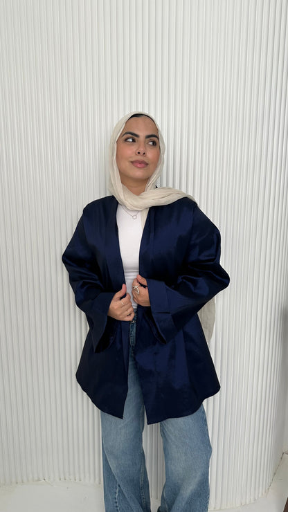 Satin Solid Kimono Jacket – Navy