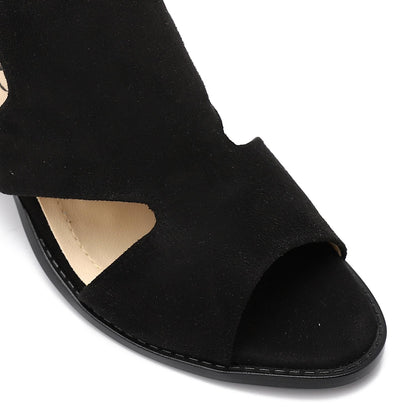 Suede Cut-Out Block Heel Sandals – Black