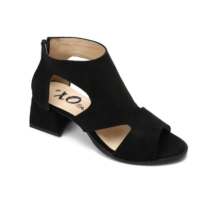 Suede Cut-Out Block Heel Sandals – Black