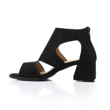 Suede Cut-Out Block Heel Sandals – Black