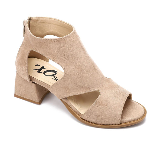Suede Open-Toe Cut-Out Block Heel Sandal - Beige